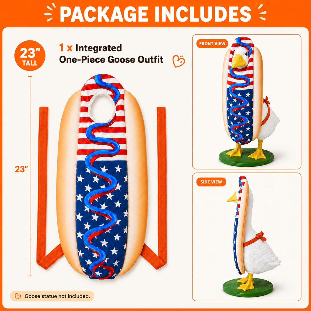 4th of July Porch Goose Outfit for 23" H 250th Anniversary Hot Dog Patriotic Goose Clothes American Flag Fits Independence Day Large Cement Statue Outdoor Patio Garden Yard Lawn Costume Decor