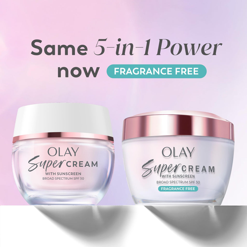 Olay Super Cream with Sunscreen SPF 30, Fragrance Free Lightweight Face Moisturizer with Sun Protection, 5-in-1 Skin Care - Hydrating, Brightening - Niacinamide, Vitamin C, Collagen, 1.7 oz