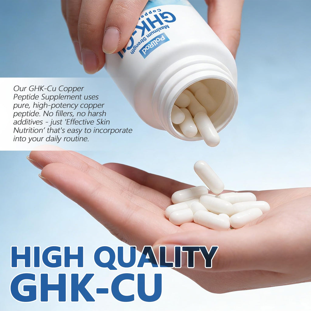 PollRod GHK-Cu Copper Peptide Supplement, 120 Capsules. It Helps Enhance Skin Elasticity, Nourish Hair and Nails. It is a Non-Genetically Modified Product. Each Capsule Contains 120Mcg.