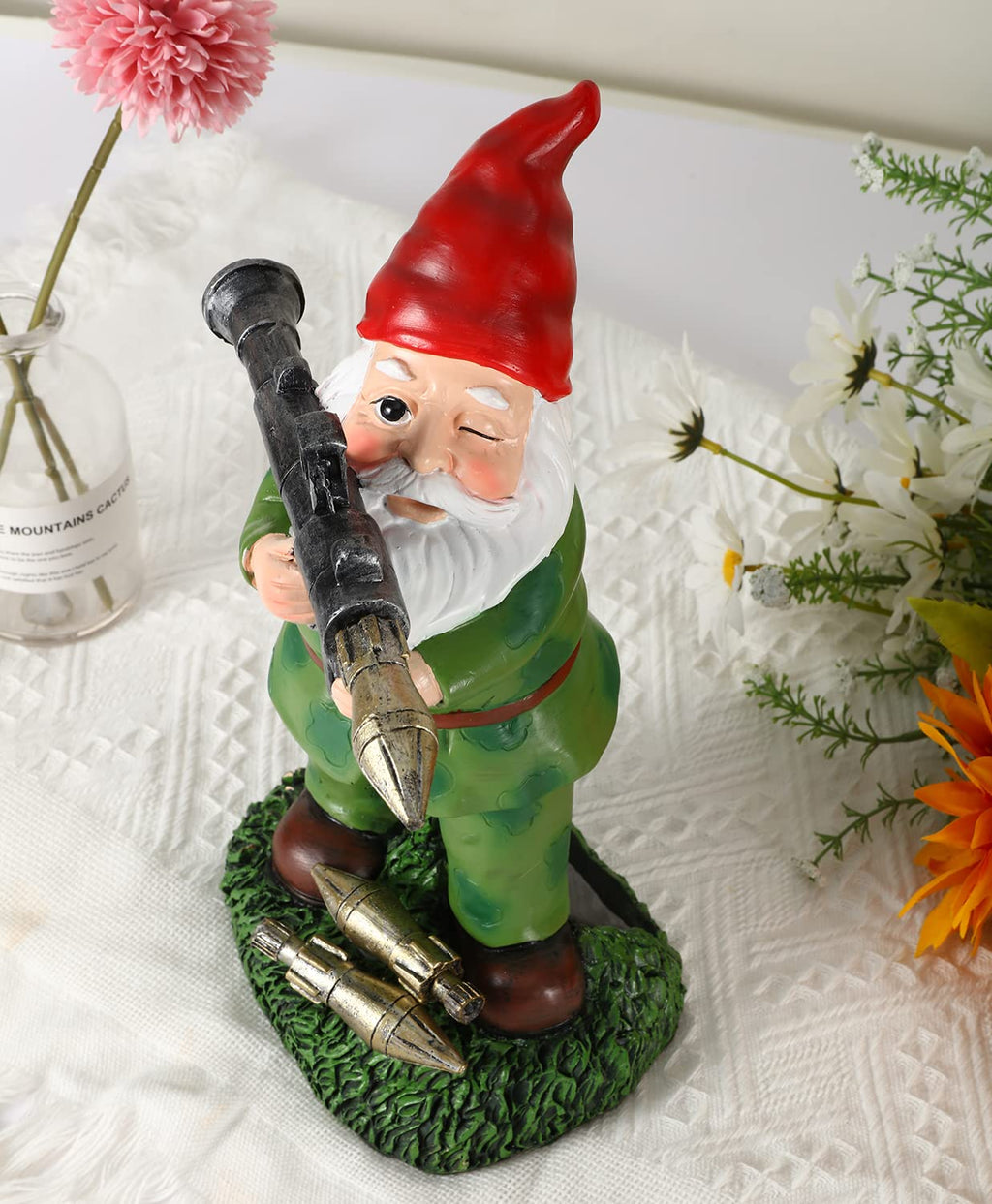 PERFECTOP Solar Military Garden Gnome Statue with RPG, Large War Army Combat Defender Soldier Patriotic Gnome Figurine with Gun, Outdoor Patio Yard Lawn Home Ornament Decor, Valentine's Day Men Gift
