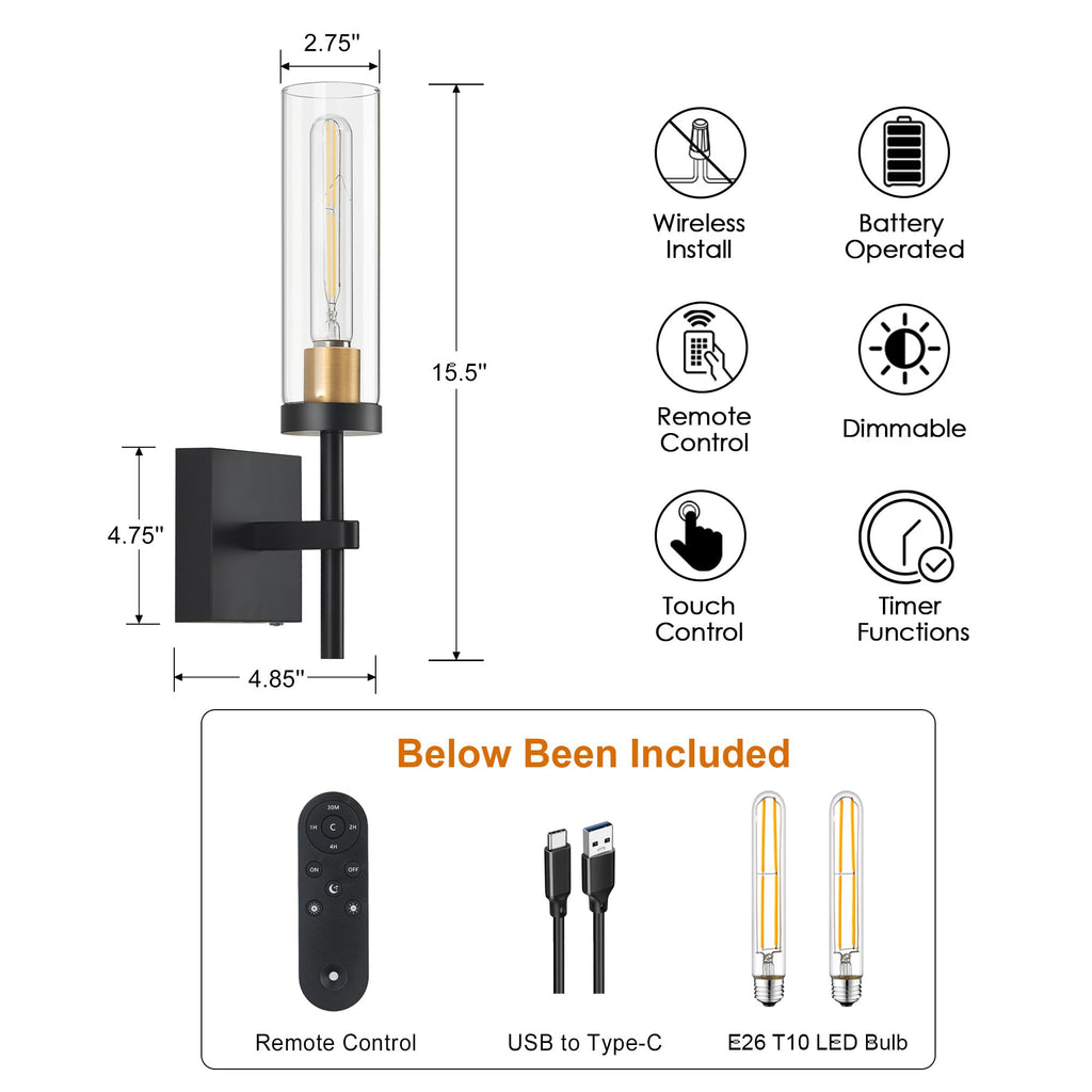 Wireless Wall Sconces with Remote Control, Battery Operated Wall Sconce Set of 2, Black & Gold Rechargeable Dimmable Wall Light for Bedroom Living room Bathroom Hallway Entryway Stairwell, 3000K