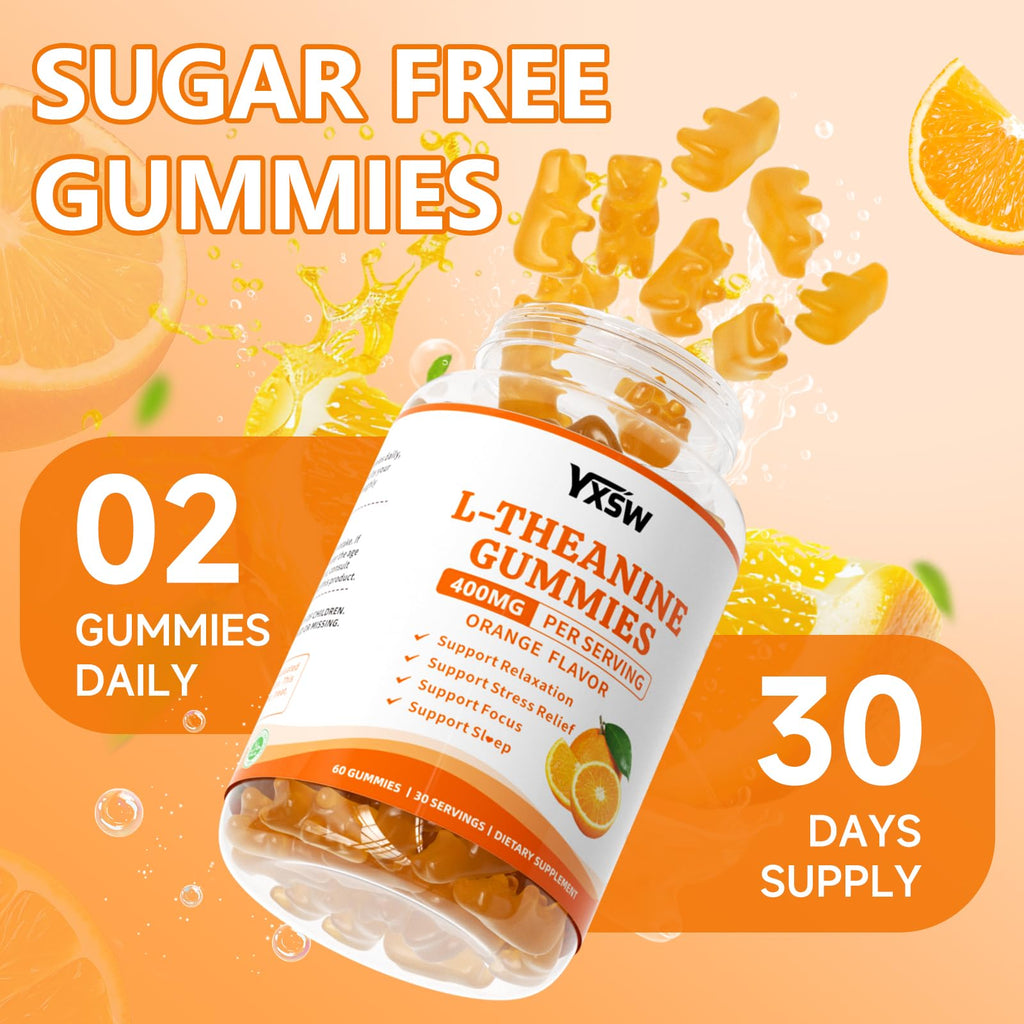 YXSW L-Theanine Gummies, Chewable L-Theanine Supplement for Adults & Kids 400mg with Ashwagandha, GABA, 5HTP for Relax, Zzz & Focus Support, Orange Flavor, 60 Counts