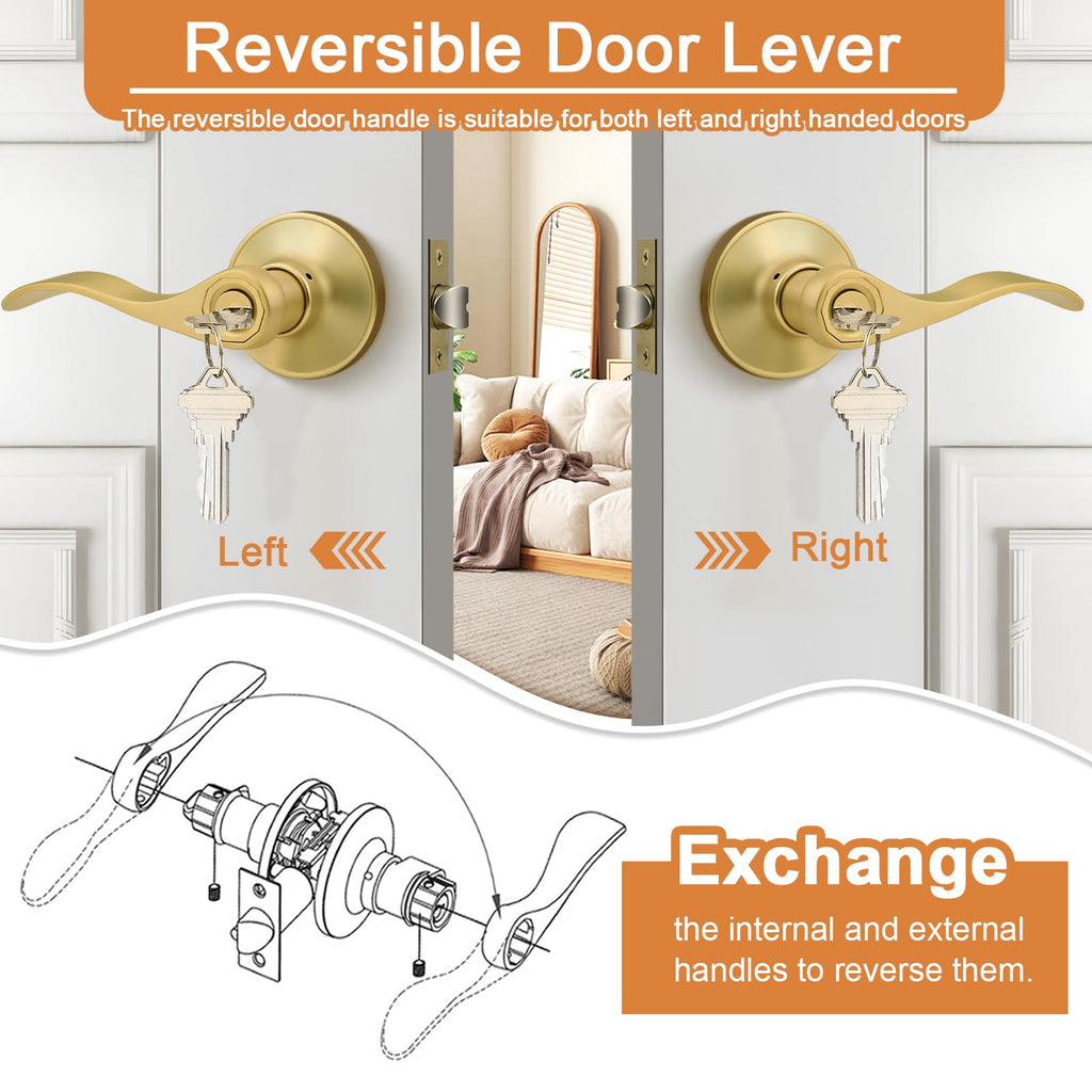 Probrico Brushed Gold Door Handles Front Exterior Door Handles with Lock and Keys, Keyed Alike Gold Entry Door Lever Wave Style Reversible, 5 Pack
