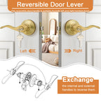 Probrico Brushed Gold Door Handles Front Exterior Door Handles with Lock and Keys, Keyed Alike Gold Entry Door Lever Wave Style Reversible, 5 Pack