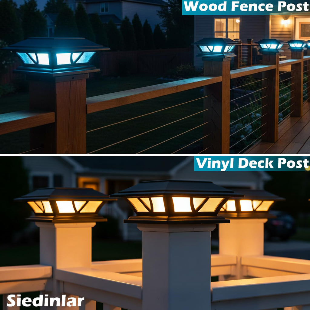 SIEDiNLAR Solar Post Lights Outdoor 2 Modes LED Deck Fence Cap Light for 4x4 5x5 6x6 Posts Patio Garden Decoration Warm White/Cool White Lighting Black (2 Pack)