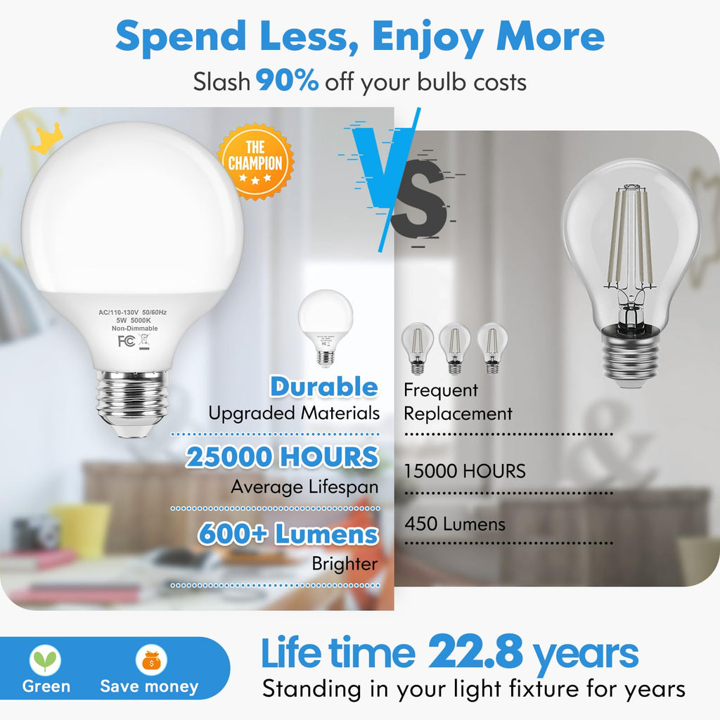 Brightever G25 Globe Light Bulbs 60 Watt, 5W 5000K Daylight White LED Vanity Light Bulbs, E26 Base Bathroom Light Bulbs Over Mirror, Non-Dimmable Round Light Bulb, 600LM, 8-Pack