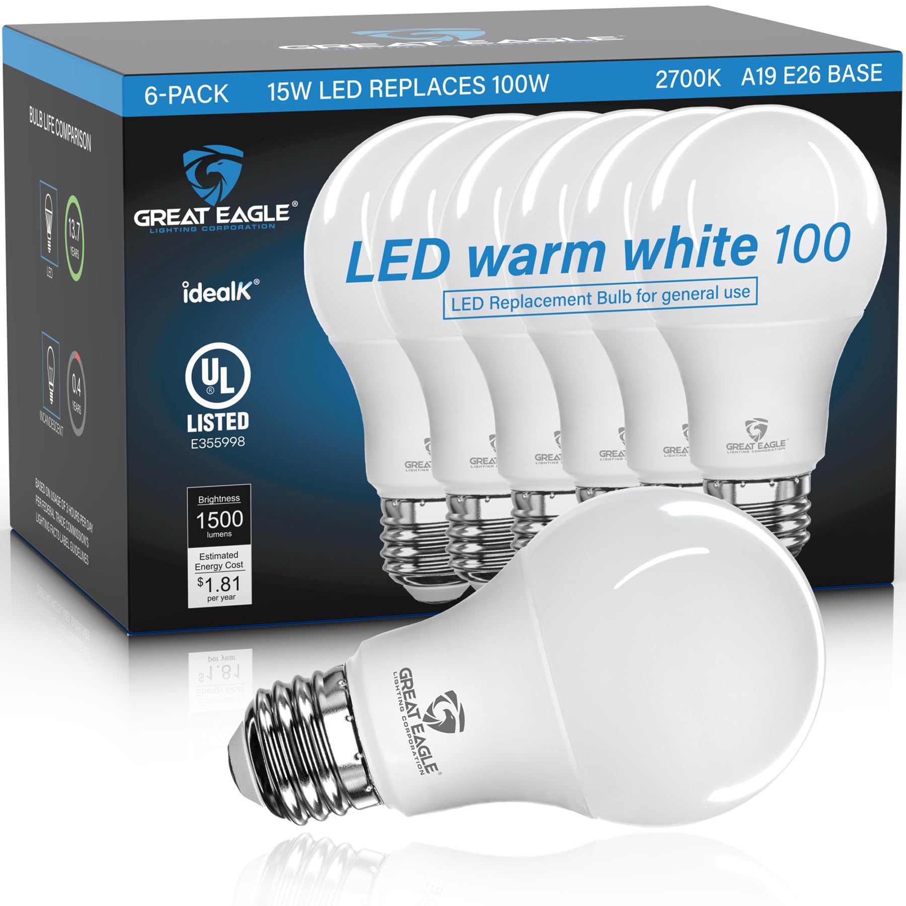 Great Eagle A19 LED Light Bulbs 100 Watt Equivalent - UL Listed - Warm White 2700K LED Light Bulbs, 15W Non-Dimmable, 1500 Lumens (6 Pack)