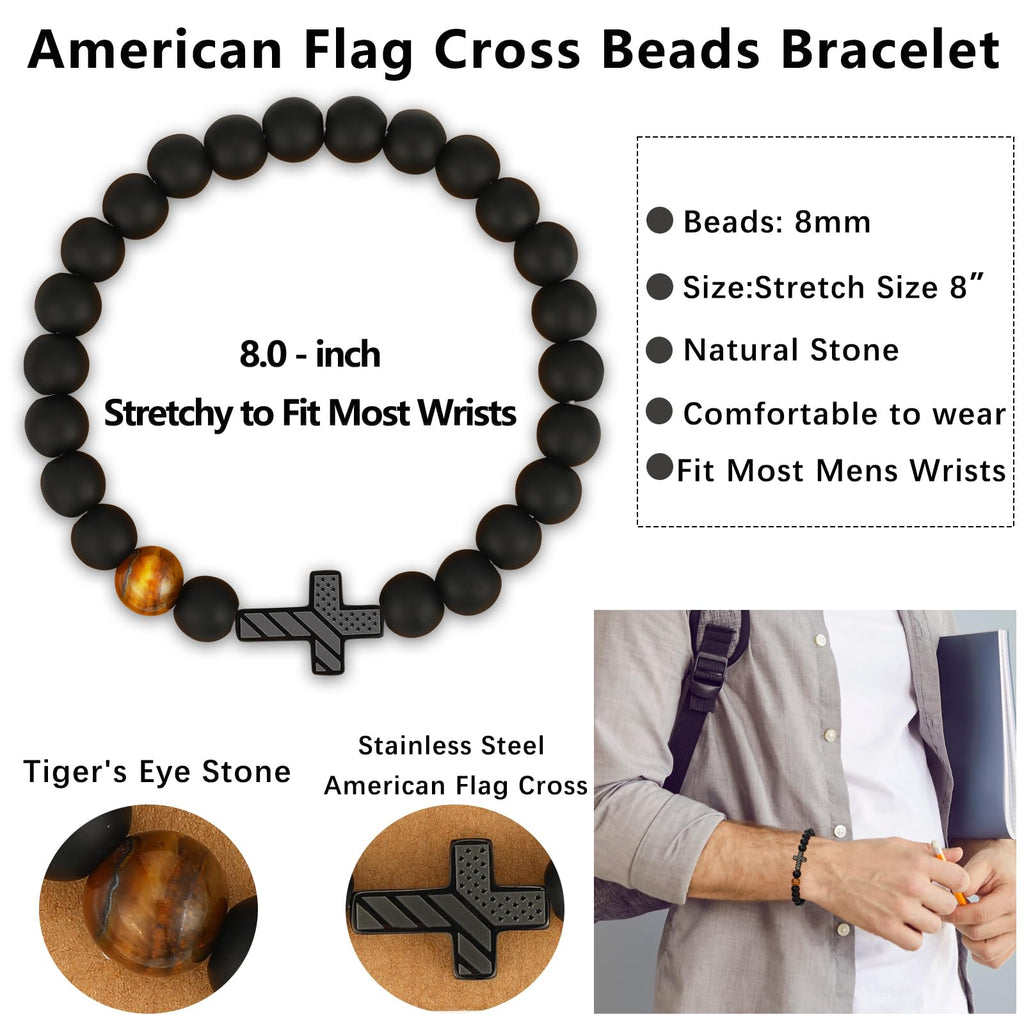 Gnamy Step Dad Fathers Day Gift for Stepdad, To My Stepdad American Flag Cross Beads Bracelet Christian Christmas Anniversary Birthday Jewelry Gifts for Second Dad from Stepson Stepdaughter