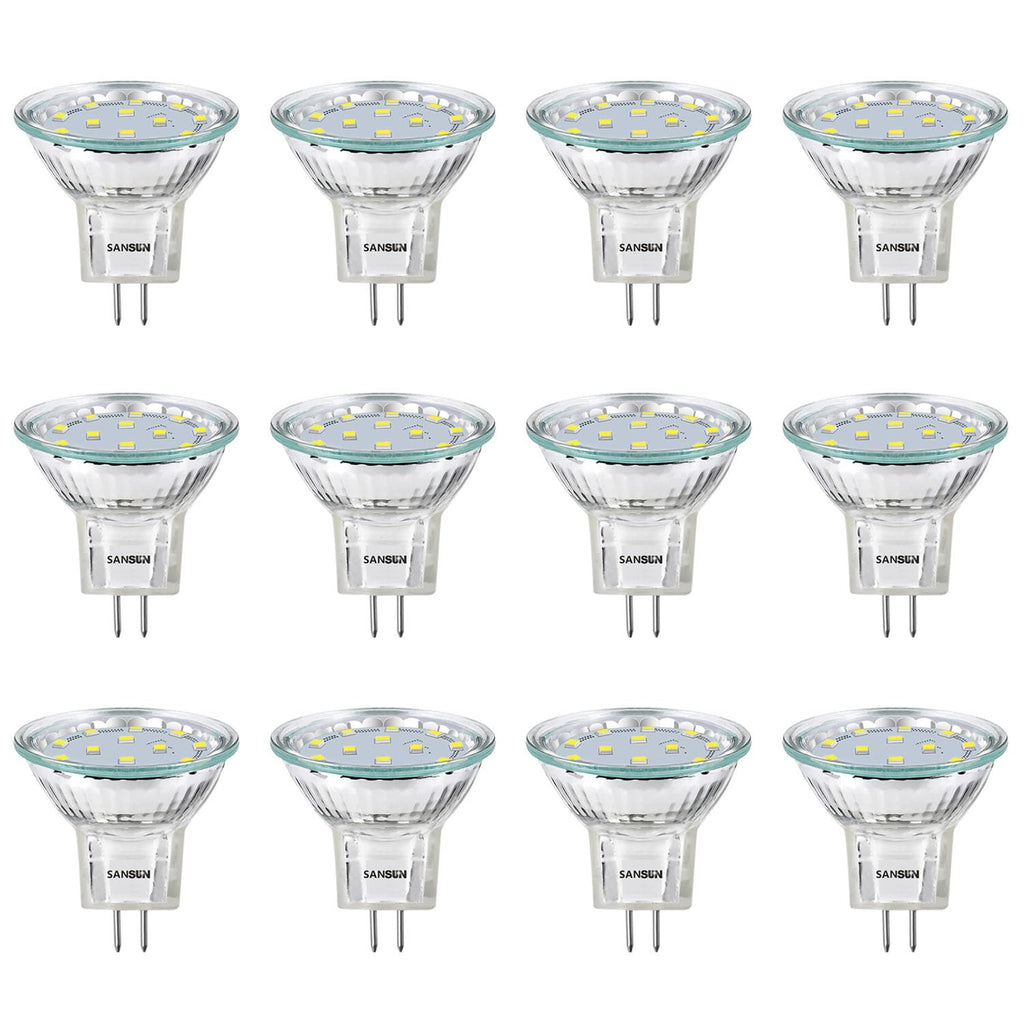 SANSUN 3W MR11 LED Landscape Light Bulbs, Low Voltage 12V 20W Halogen Replacement for Outdoor Landscape Spotlight and Track Light, GU4 Bi-Pin Base, Daylight White 4000K, Non-Dimmable, (Pack of 12)