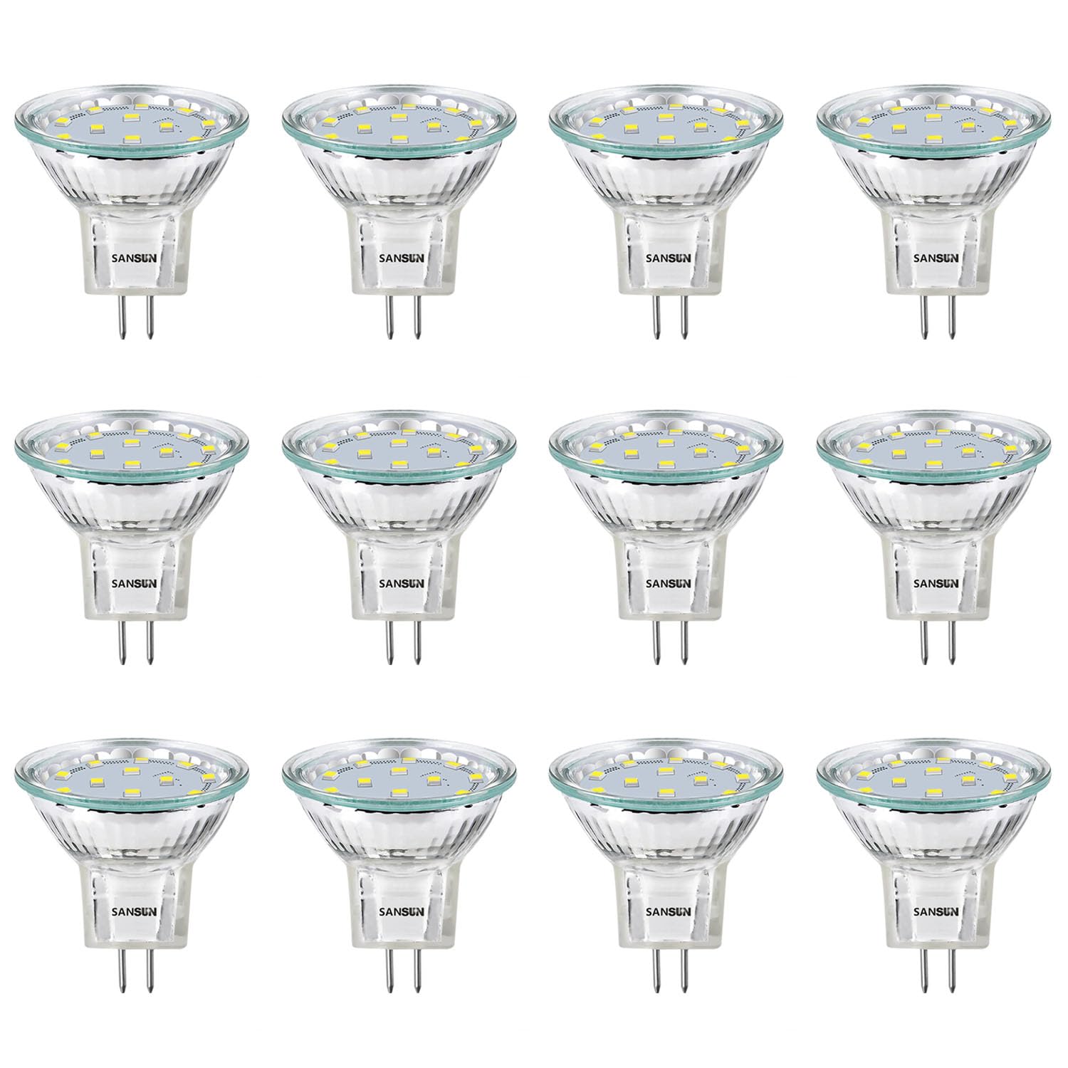 SANSUN 3W MR11 LED Landscape Light Bulbs, Low Voltage 12V 20W Halogen Replacement for Outdoor Landscape Spotlight and Track Light, GU4 Bi-Pin Base, Daylight White 4000K, Non-Dimmable, (Pack of 12)