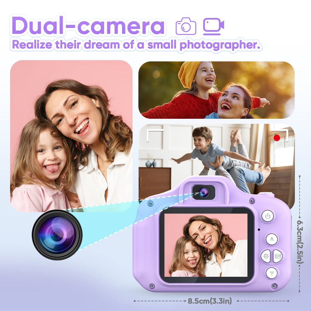 Seckton Upgrade Kids Selfie Camera, Christmas Birthday Gifts for Girls Age 3-9, HD Digital Video Cameras for Toddler, Portable Toy for 3 4 5 6 7 8 Year Old Girl with SD Card-Purple White