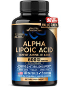 Alpha Lipoic Acid 600mg - ALA Supplement Antioxidant for Nerve, Energy & Metabolism Support - Extra Strength with Benfotiamine, B1 & B12 - Lab Tested, NON-GMO & Vegan - 180 Capsules, 3 Month Supply