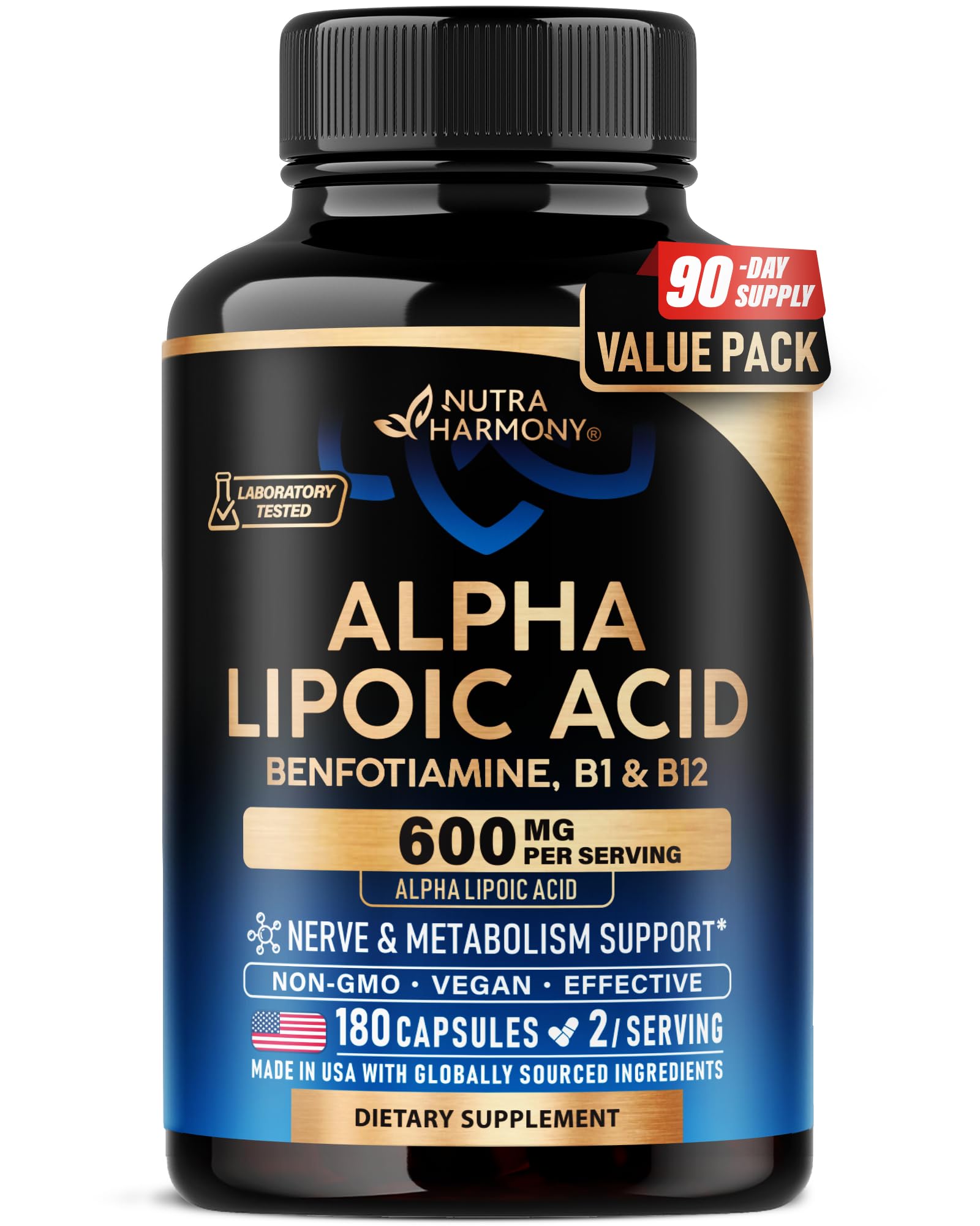 Alpha Lipoic Acid 600mg - ALA Supplement Antioxidant for Nerve, Energy & Metabolism Support - Extra Strength with Benfotiamine, B1 & B12 - Lab Tested, NON-GMO & Vegan - 180 Capsules, 3 Month Supply