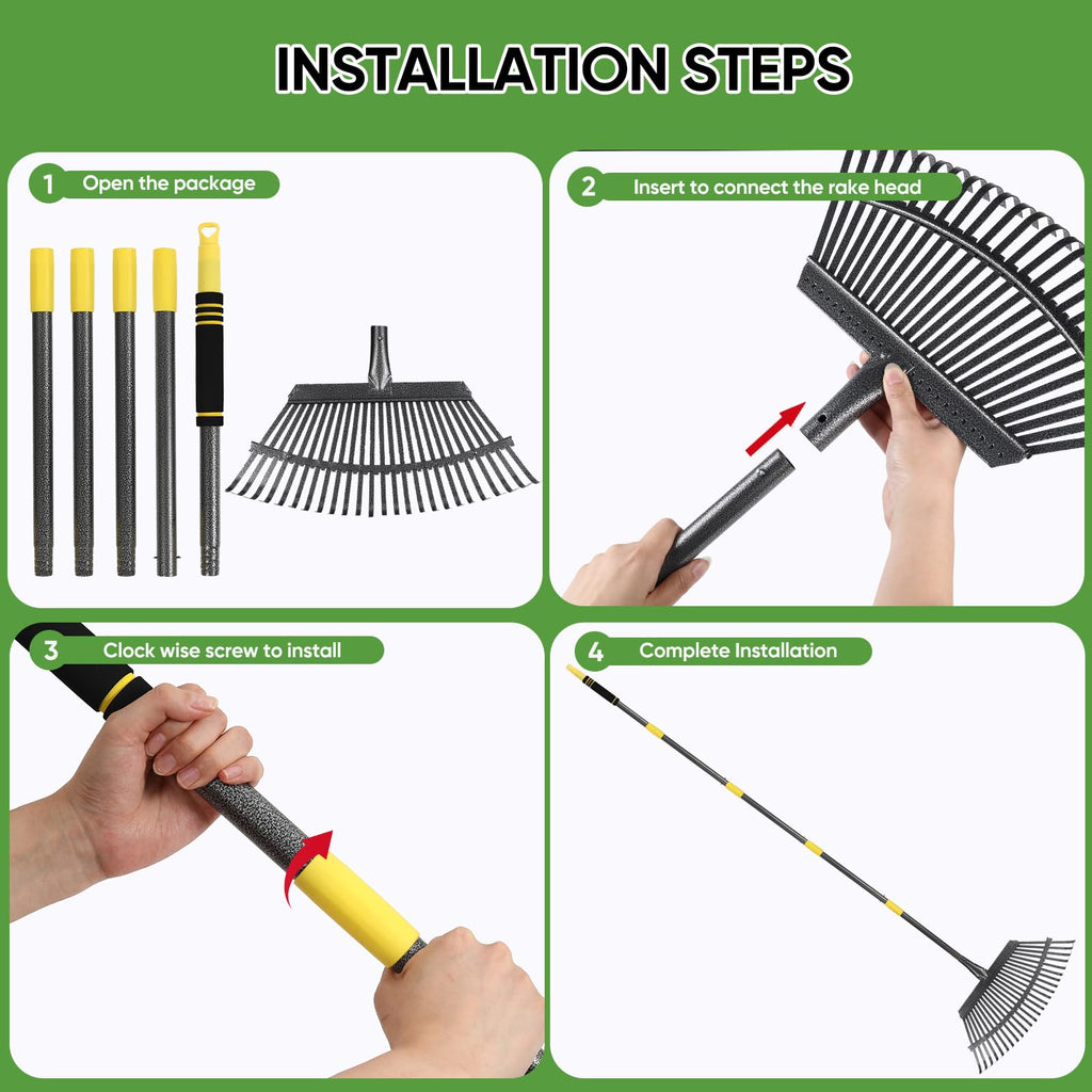 Coopvivi Garden Leaf Rakes, 6FT Rakes for Lawns Heavy Duty 25 Metal Tines 18.5 inch Wide, Adjustable Steel Handle, Rakes for Leaves, Gathering Shrub, Grass, Flower Beds