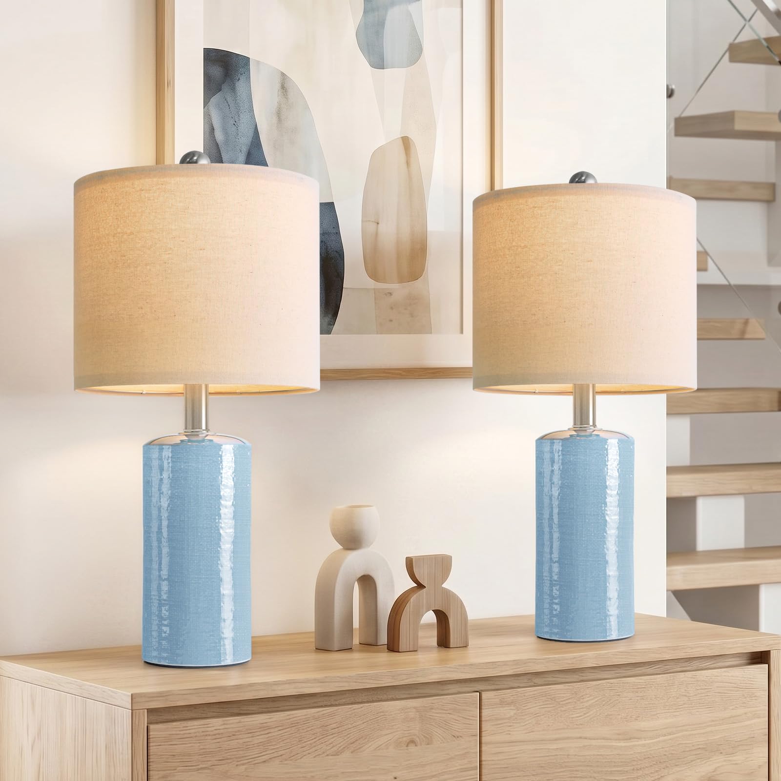 G-SAFAVA 20.5" Small Table Lamps for Living Room Lamp Set of 2 Ceramic Lamps for Bedroom Bedside Lamps Modern Boho Lamps for Night Stands Farmhouse Nightstand Lamp Side End Table Lamp, Light Blue