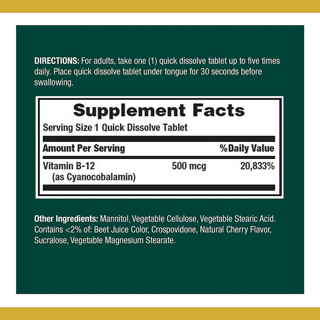 Nature's Bounty Vitamin B12, Supports Energy Metabolism and Nervous System Health, 500mcg, Tablets, 100 Ct (Pack of 2)