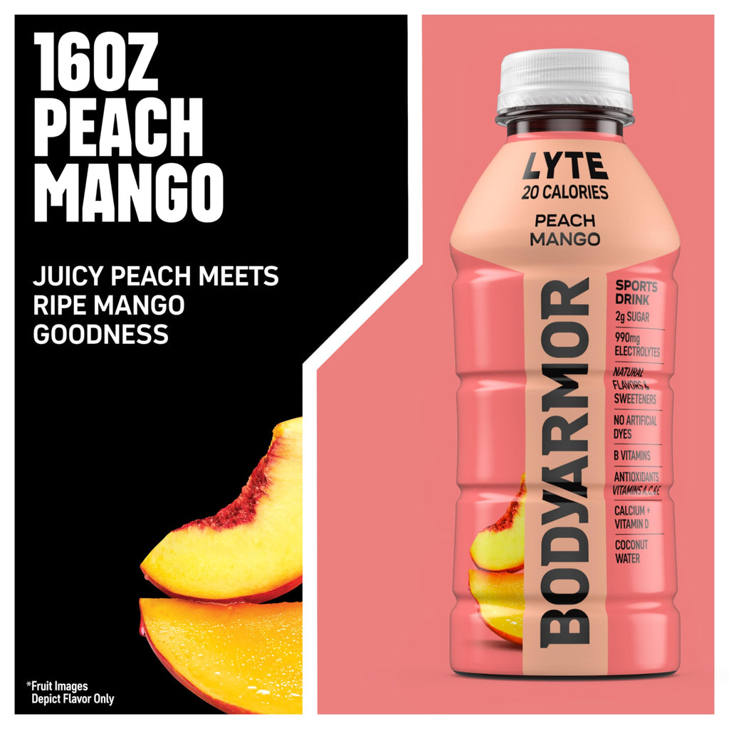 BODYARMOR LYTE Sports Drink, Peach Mango Electrolyte Drink, 16 Oz (12 Pk)
