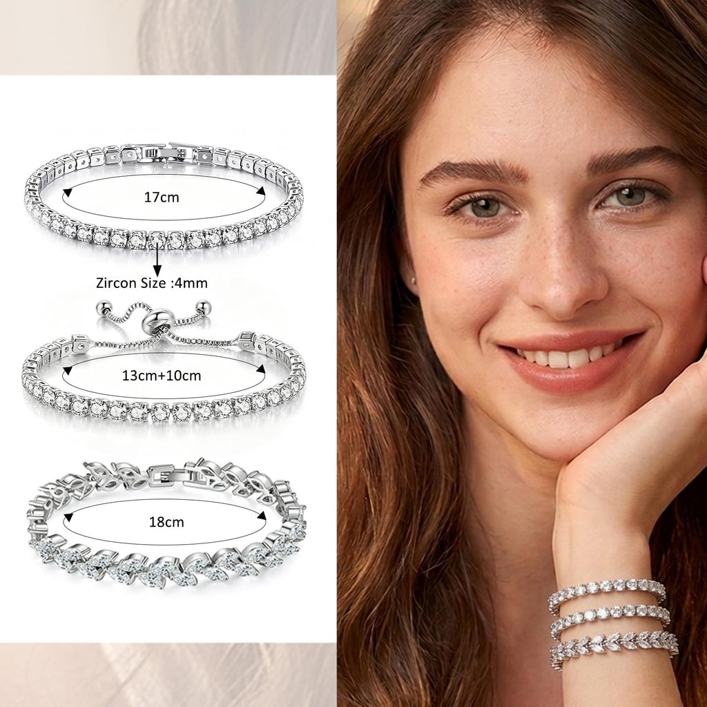 GEMOSA 3 Pcs Tennis Bracelets for women Silver Bracelet Set