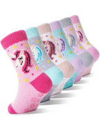 EBMORE Girls Kids Toddler Fluffy Socks Grips Non Slip Slipper Socks Warm Winter Cosy Hospital Gifts Socks Stocking Fillers 6 Pairs(Unicorn,4-7 Y)