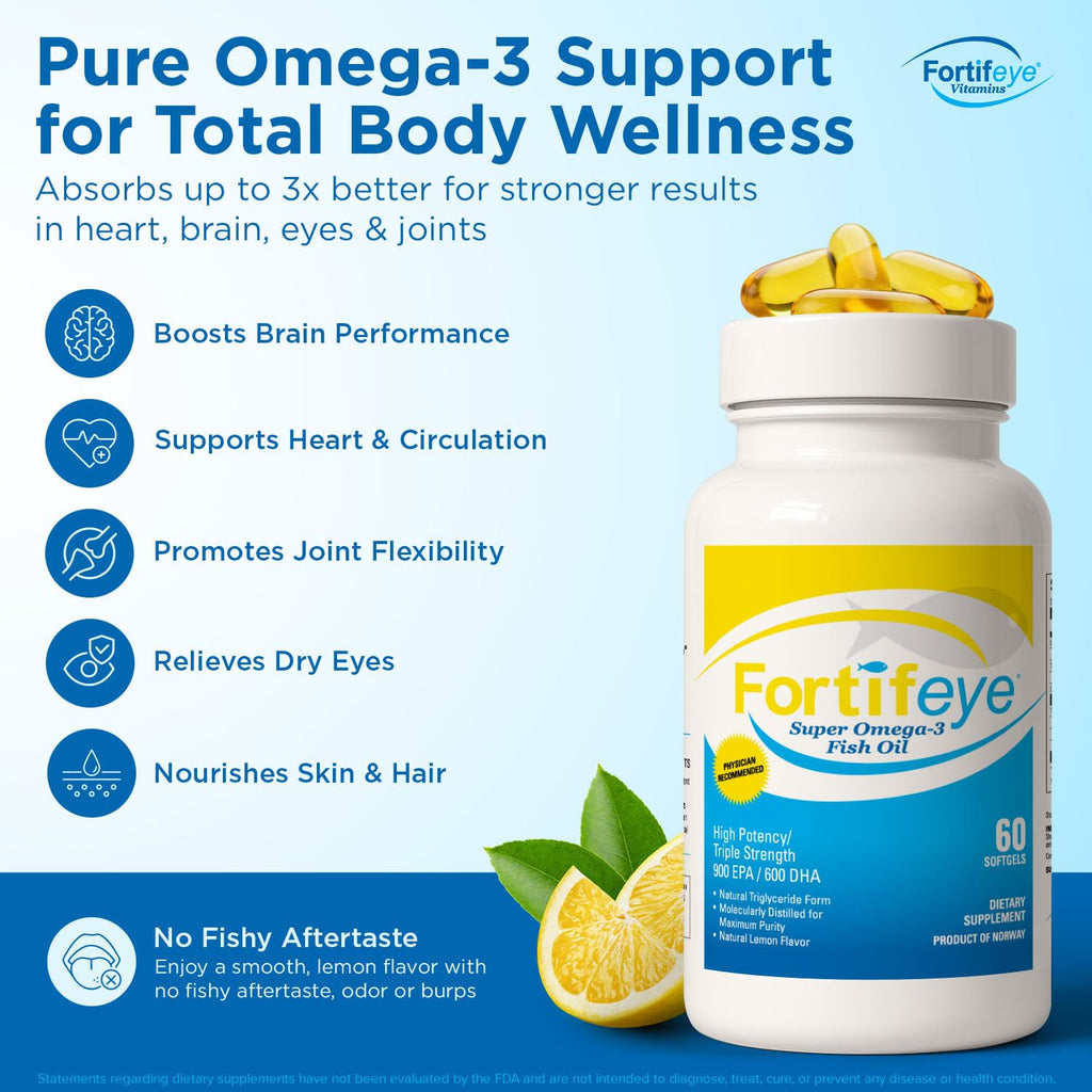 Fortifeye Omega 3 Fish Oil 180Count 1600 mg Made in Norway - High Potency rTG Form Supplement with EPA & DHA, Triple Strength Fish Oil Softgels for Men Women, No Fishy Aftertaste, Natural Lemon Flavor