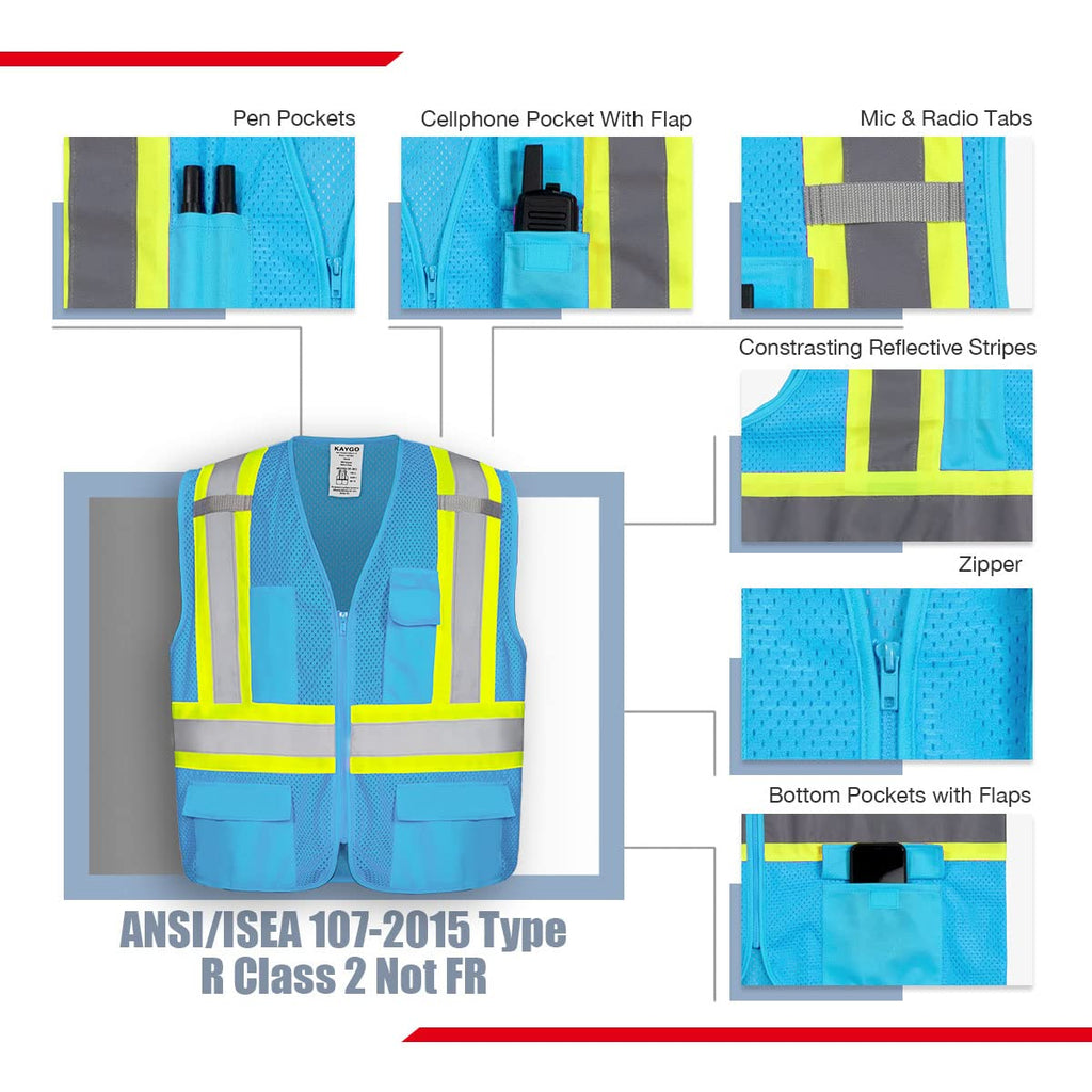 KAYGO Safety Vest with Pockets - High Visibility Reflective Vest ANSI Class 2 Construction Vest (Type R, Not FR) KG0100 (2XL, Sky Blue, 1 Pcs)