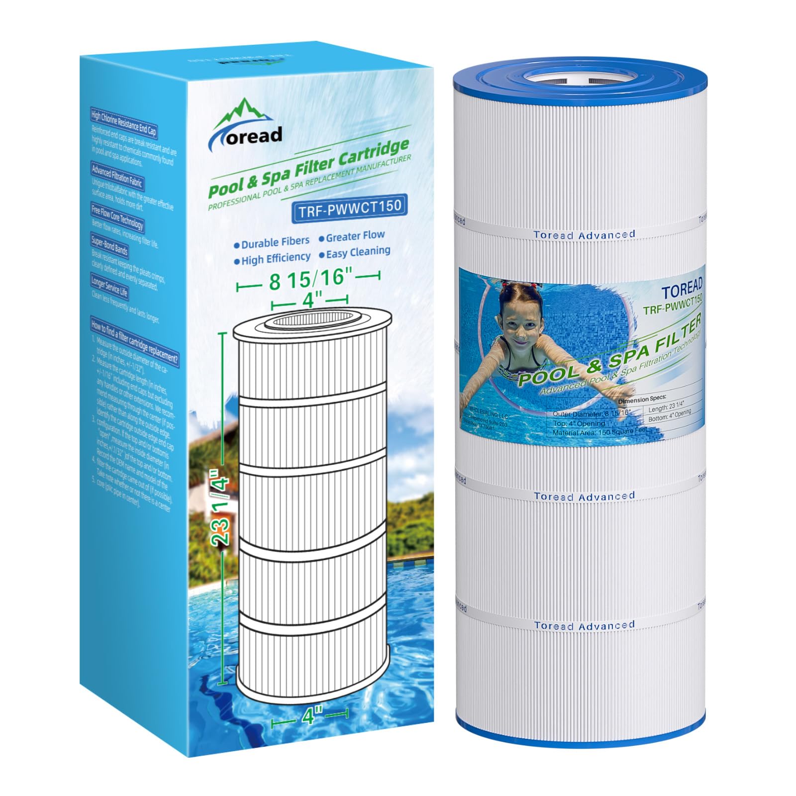 TOREAD PWWCT150 Pool Filter Replaces PWWCT150, Ultral-B3, Clearwater II ProClean 150, 817-0150N, Unicel 8414, Filbur FC-1287, SD-00210, 150 Sq.ft Filter Cartridge 1PACK