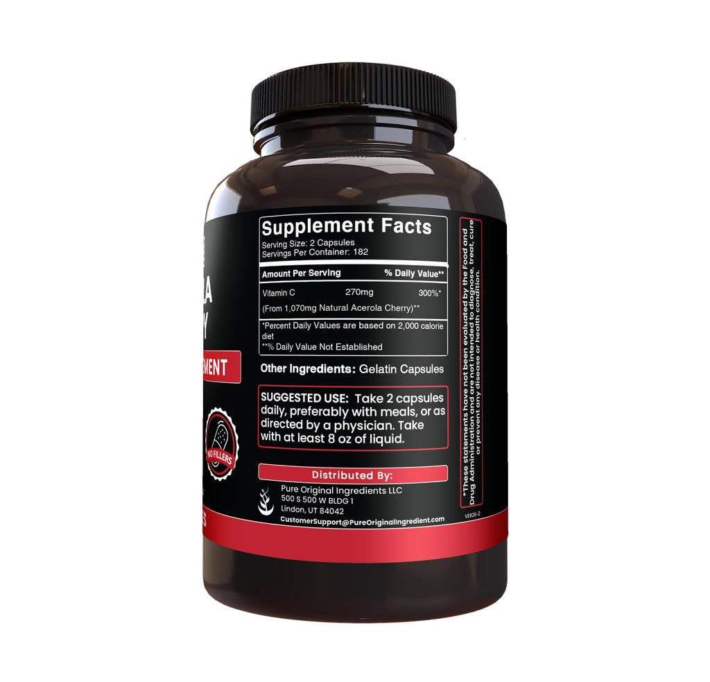 PURE ORIGINAL INGREDIENTS Acerola Cherry (365 Capsules) No Magnesium Or Rice Fillers, Always Pure, Lab Verified