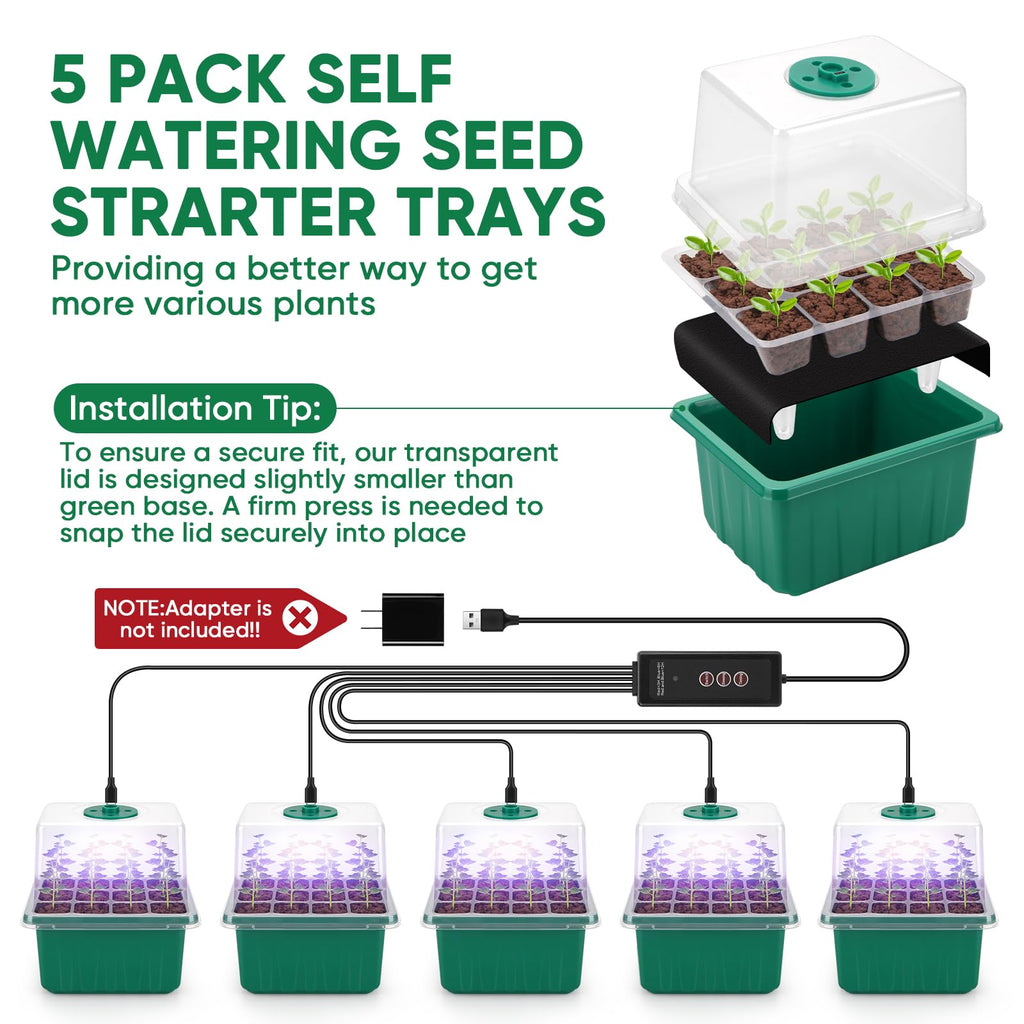 BlumWay Self-Watering Seed Starter Tray with Grow Light, 5 Pack 60 Cells