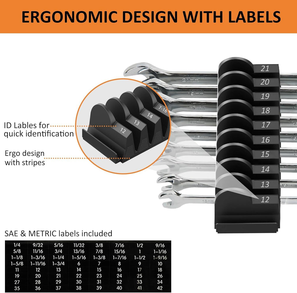Mudygelay 52 pcs Modular Wrench Organizers for Tool Drawers - Wrench Rack with Metric&SAE Labels, Perfect Tool Storage Holder. Gift for Father and Boyfriend (Orange)
