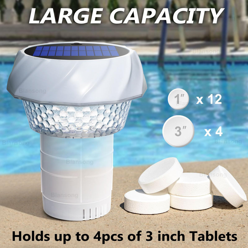 Blansong Solar Pool Chlorine Floater 2 Pack Adjustable Release Swimming Pool Chlorine Tablet Floater with Color Changing Floating Dispenser with Romote Control and Timer IP68 Waterproof
