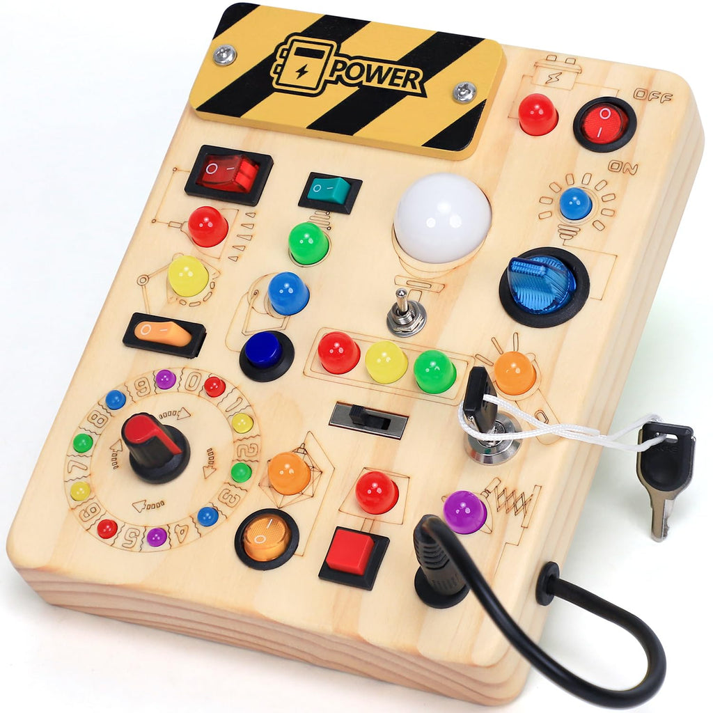 Busy Board with LED Light Switches, Montessori Toys for 1 2 3 Years Old, Toddlers Wooden Toy Sensory Activity Board, Travel Toys for 1+ Year Old Boy & Girl Birthday Gift