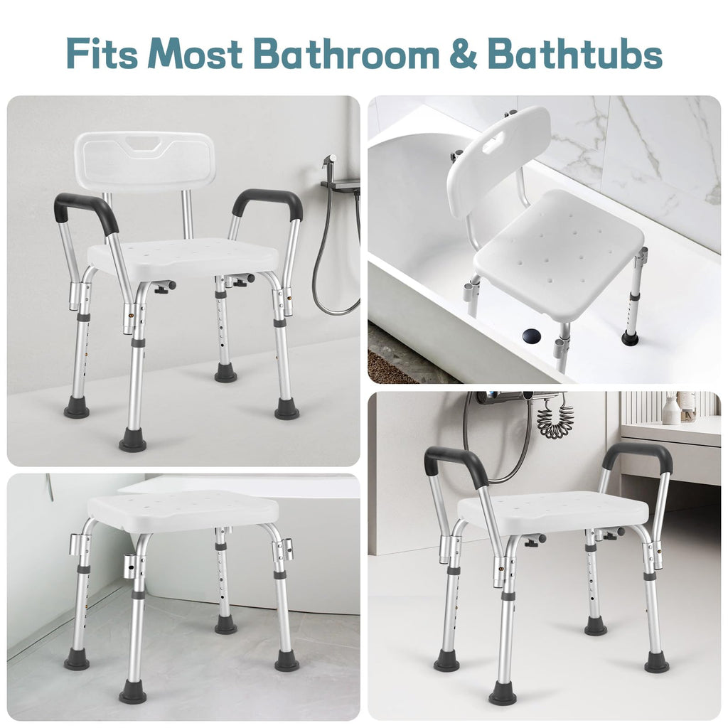 TABEKE Shower Chair for Inside Shower, Heavy Duty Shower Chair with Backrest & Padded Armrest, Height Adjustable Shower Bench, Shower Seat for Bathtub, Elderly and Disabled