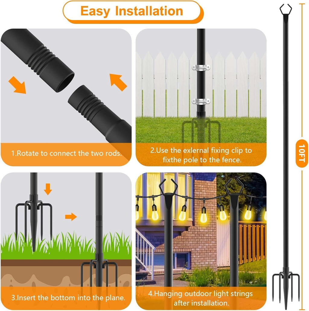LETIANPAI 10Ft String Light Poles 6 Pack,Light Poles for Outside Lights,Outdoor with Fence Brackets Hanging Lights,Metal Stand Deck Patio Backyard