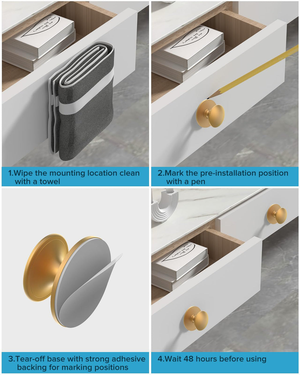 MeBantoo 10 Pack Gold Self-Adhesive Cabinet Knobs, Self-Stick Hardware Kitchen Cabinet Handles, No-Punch Peel and Stick Drawer Knobs for Refrigerators, Dressers, Windows, Closets