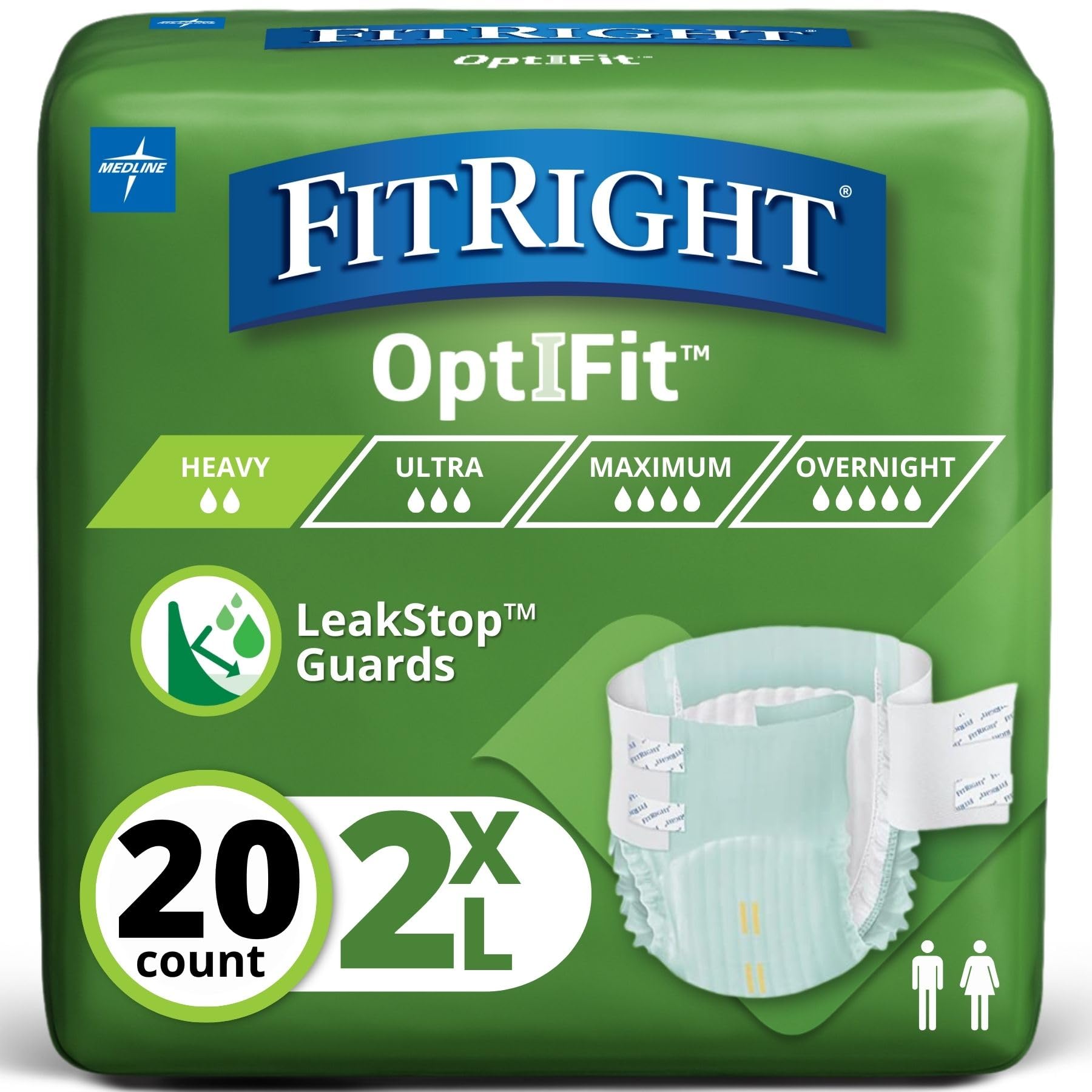 FitRight Extra+ Adult Diapers, Disposable Incontinence Briefs, Leak-Proof Diaper, Absorbent Briefs for Men and Women, Maximum Protection, 2XL, 60 – 70 in, 20 Briefs per Bag
