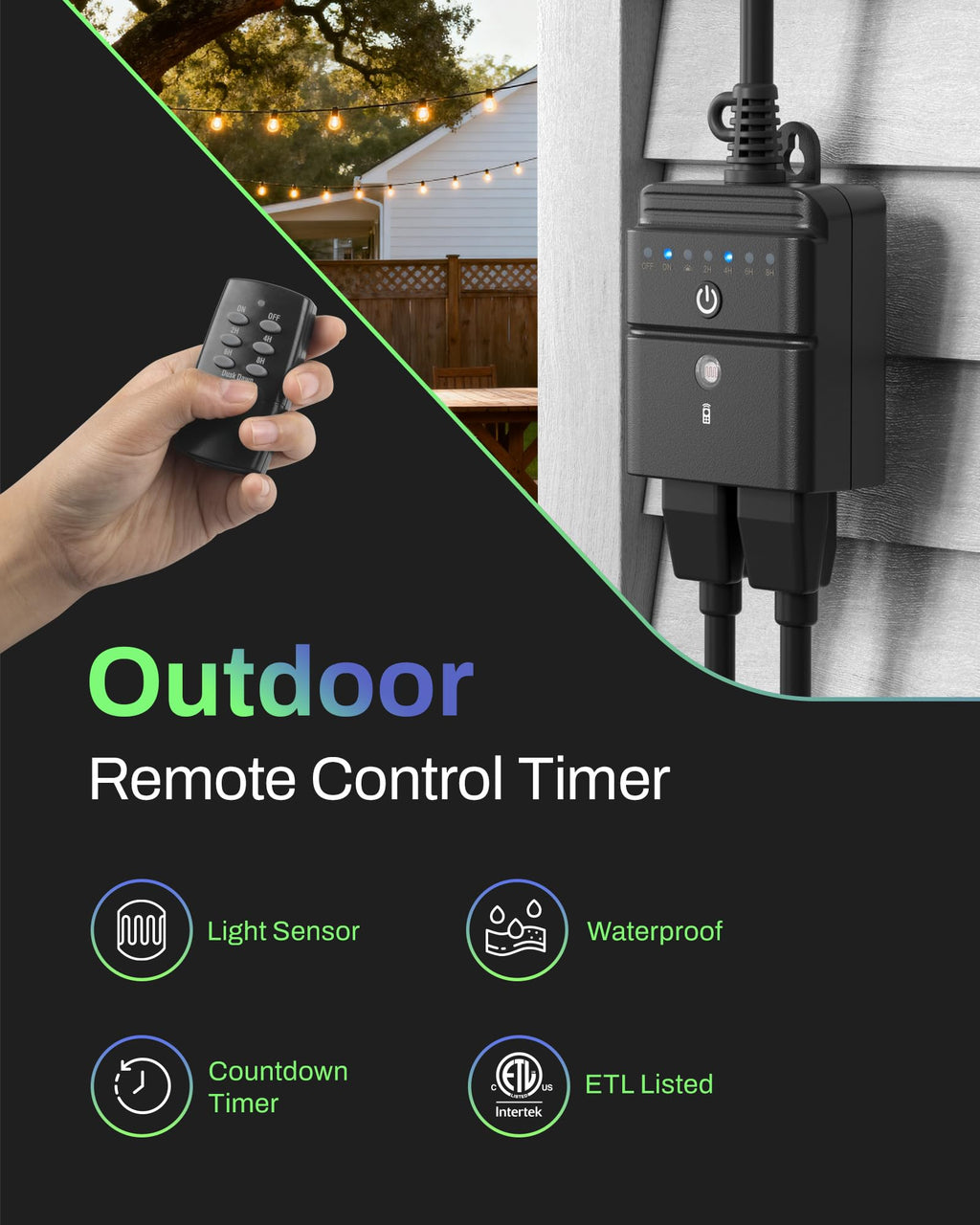 BN-LINK Outdoor Timer with Remote Control, Dusk to Dawn Light Sensor, Waterproof Plug-in Timer Outlet, 2 Grounded Outlets, 100ft Range, Perfect for Christmas & Halloween Lights, 15A 1/2HP ETL,2pack
