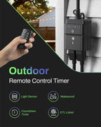 BN-LINK Outdoor Timer with Remote Control, Dusk to Dawn Light Sensor, Waterproof Plug-in Timer Outlet, 2 Grounded Outlets, 100ft Range, Perfect for Christmas & Halloween Lights, 15A 1/2HP ETL,2pack