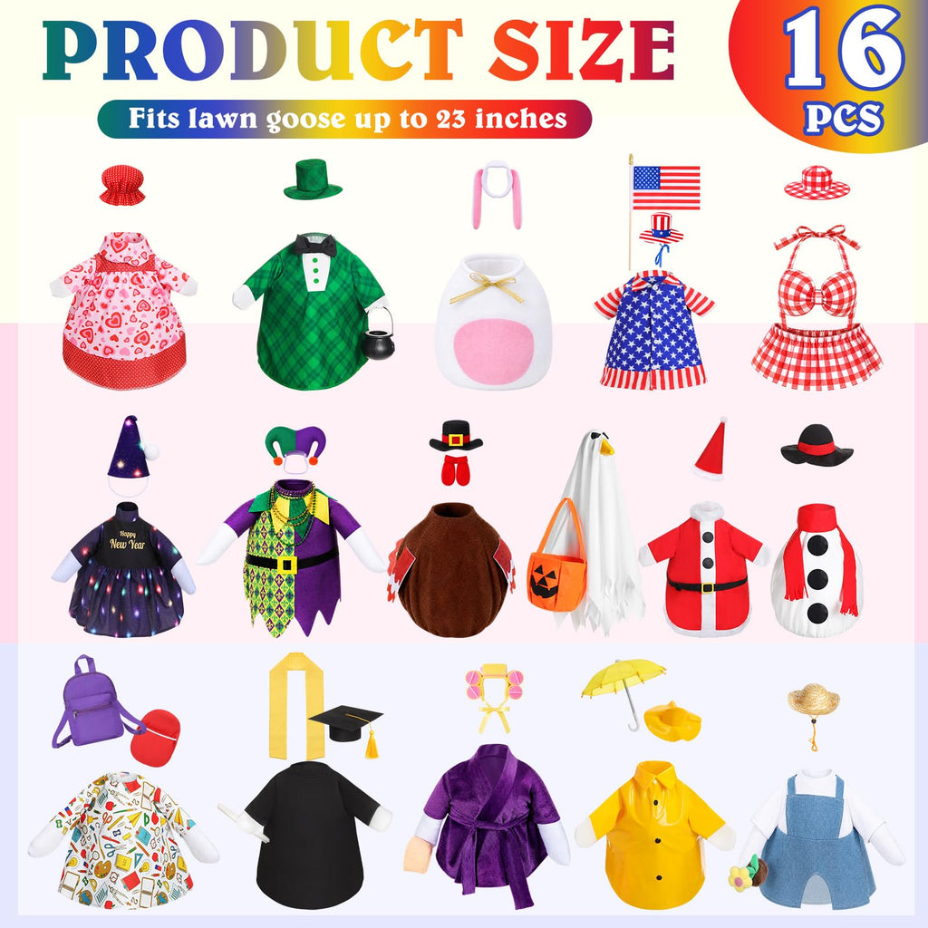 Aliceset 16 Set Holiday Porch Goose Outfits Summer 4th of July Fall Halloween Christmas Season Costumes for 23" Goose Patio Yard Decor