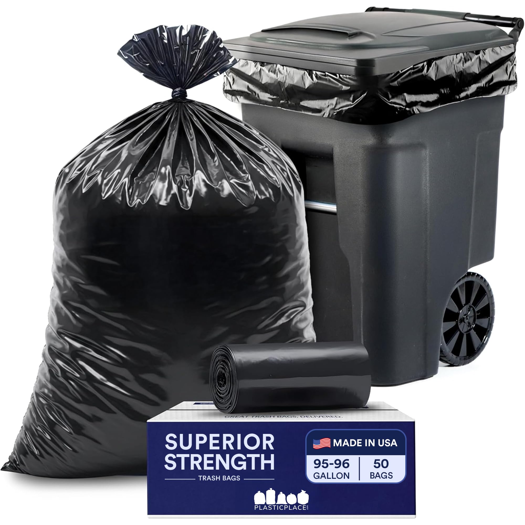 Plasticplace 95-96 Gallon Garbage Can Liners │ 1.5 Mil │ Black Heavy Duty Trash Bags │ 61” X 68” (50Count) (W95LDB15)