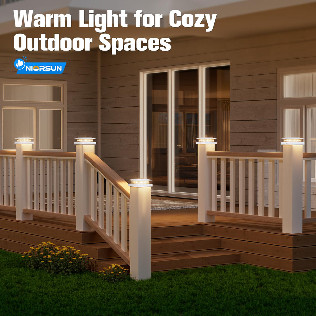 NIORSUN Solar Post Cap Lights Outdoor Waterproof, 4x4 Post Solar Lights 2 Color Modes, Fence Posts Solars Light for Deck Patio Garden Deco, 4x4 Posts Caps Wood Vinyl, 5x5 Vinyl, 6 Pack (White)