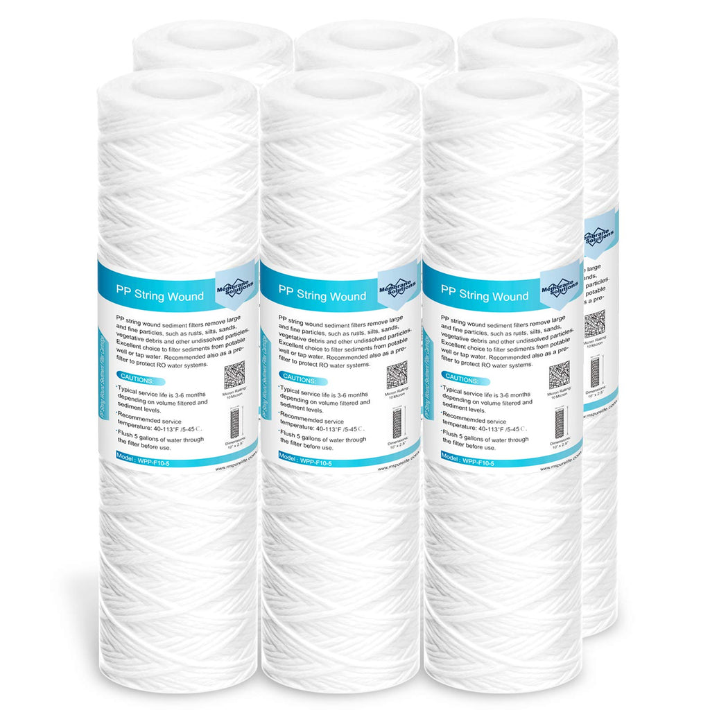Membrane Solutions 10 Micron 10"x2.5" String Wound Whole House Water Filter Replacement Cartridge Universal Sediment Filters for Well Water - 6 Pack