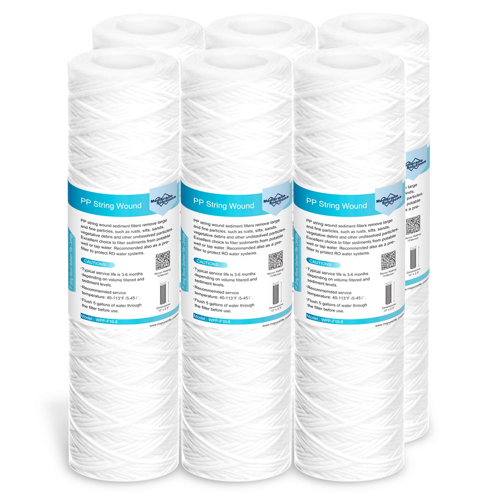 Membrane Solutions 10 Micron 10"x2.5" String Wound Whole House Water Filter Replacement Cartridge Universal Sediment Filters for Well Water - 6 Pack