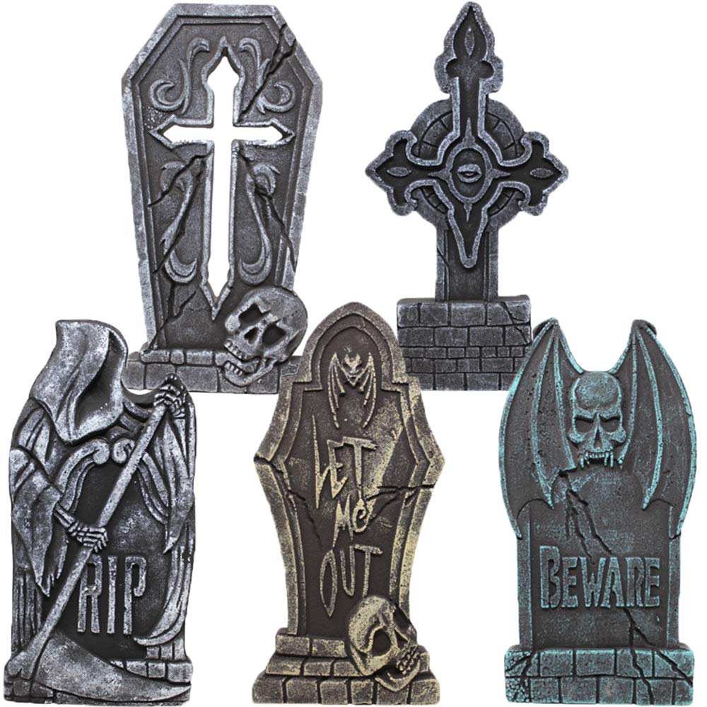 JOYIN 17” Halloween Decorations Outdoor Tombstones, 5 Pack Halloween Foam Graveyard Headstone Decorations with 12 Bonus Metal Stakes for Yard Lawn Outside Decor