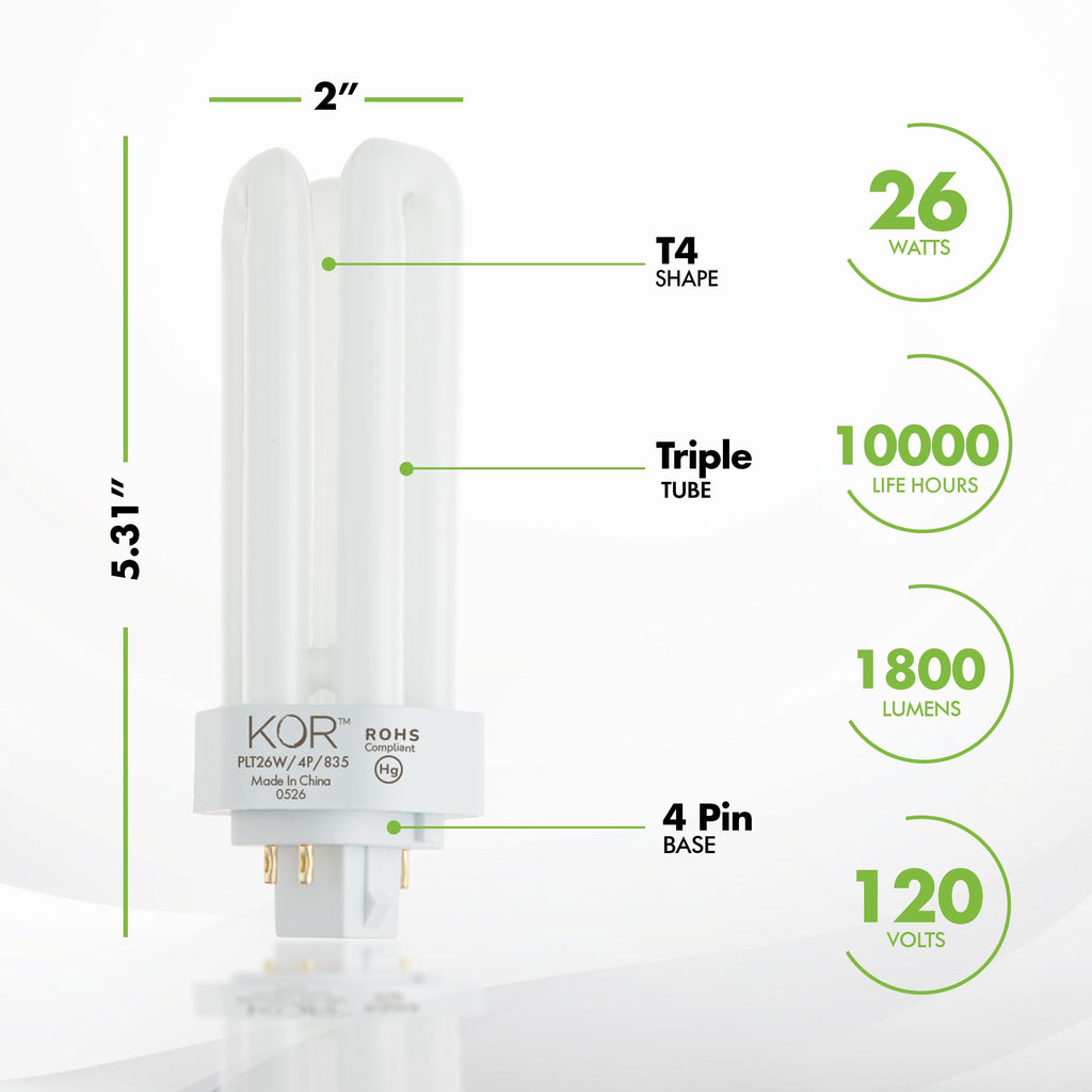 KOR (Pack of 4 26 Watt Triple Tube - GX24Q-3 (4 Pin) Base -3500K White - CFL Light Bulb - Philips 268243 PL-T 26W/35/4P/ALTO - GE 97616 F26TBX/835/A/ECO