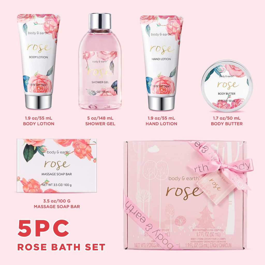 BODY & EARTH Spa Gift Set for Women - Luxurious 5 Pcs Bath and Body Box, Rose Scent, Includes Body Wash, Body Butter, Body Lotion and More, Birthday Christmas Gifts for Mom Self Care Kit for Her