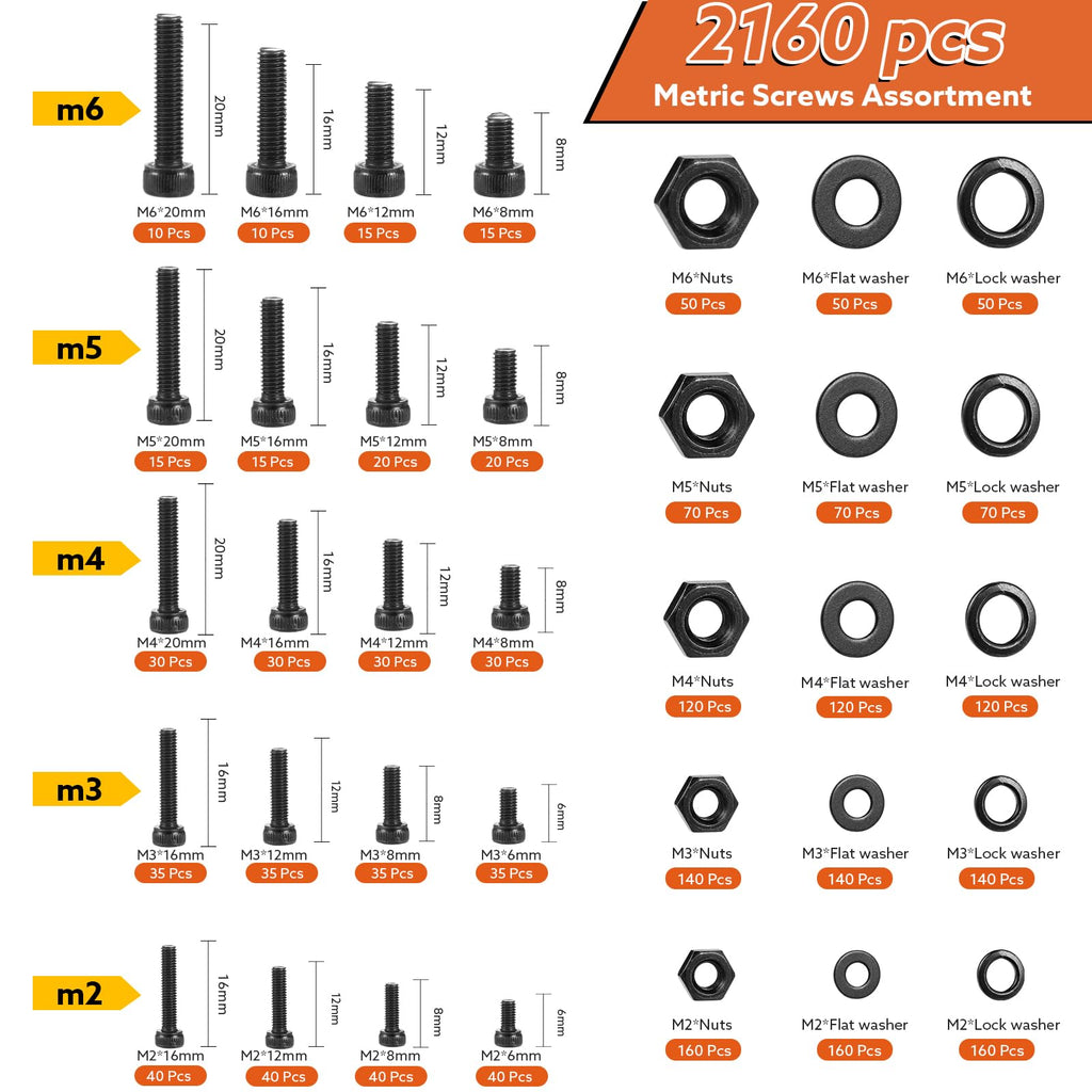 Hapric 2160 Pcs Metric Screw Assortment Metric Bolts M2 M3 M4 M5 M6 Nuts and Bolt Kit, 12.9 Alloy Steel Black Zinc Plated Hex Socket Head Screws Nuts Bolts and Washers Set