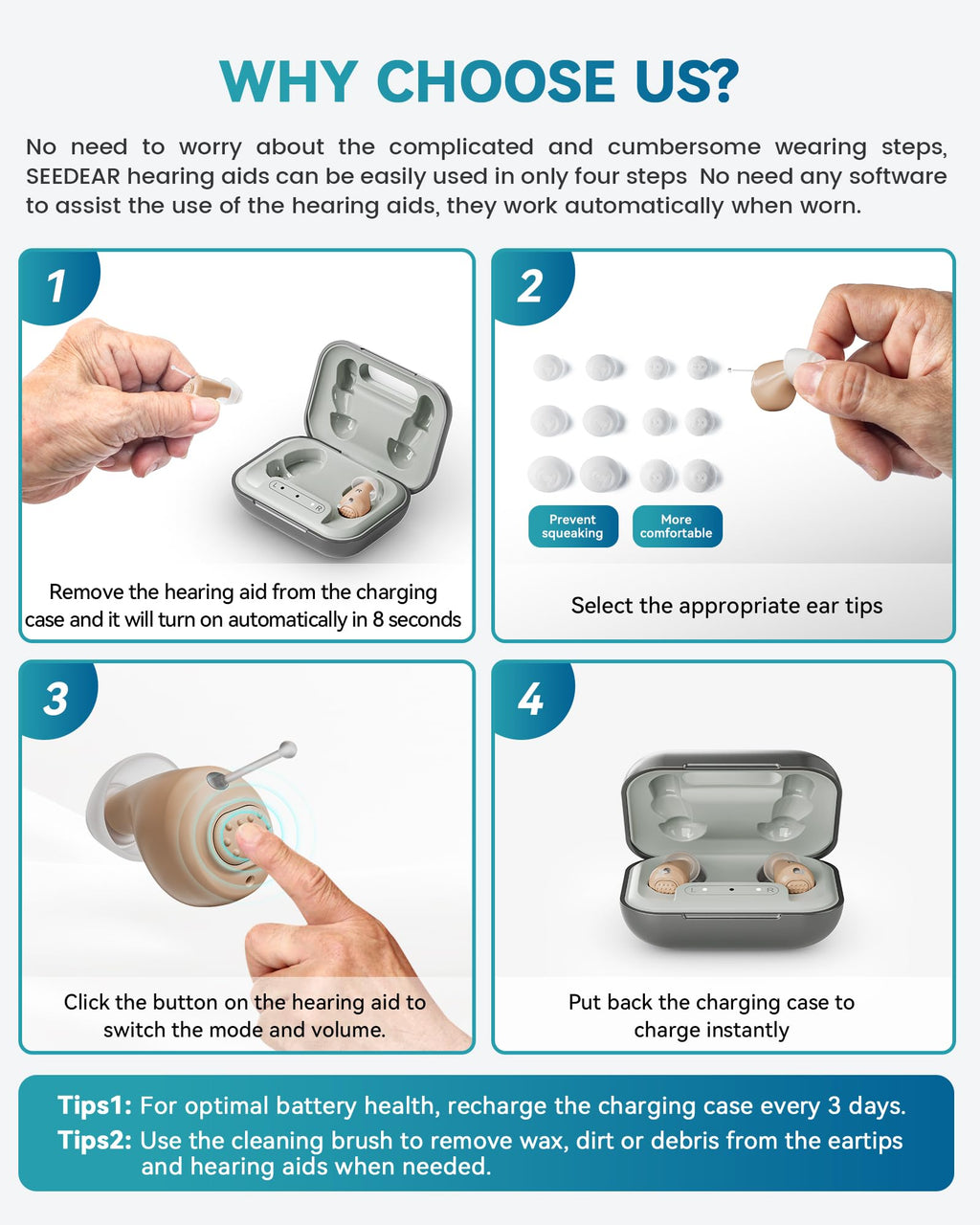 Hearing Aids for Seniors, Rechargeable OTC Hearing Aids with Noise Reduction, Providing Clear Sound Quality and Comfortable Wearing for Adults Hearing Loss, Invisible In-Ear Design, Auto On/Off (Light Gray)