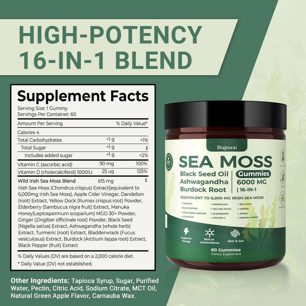 Buporai Sea Moss Gummies 16-1, Black Seed Oil Ashwagandha Turmeric Bladder Wrack Vitamin C Vitamin D3 Elderberry Manuka Dandelion Yellow Dock Apple Cider Vinegar for Men & Women