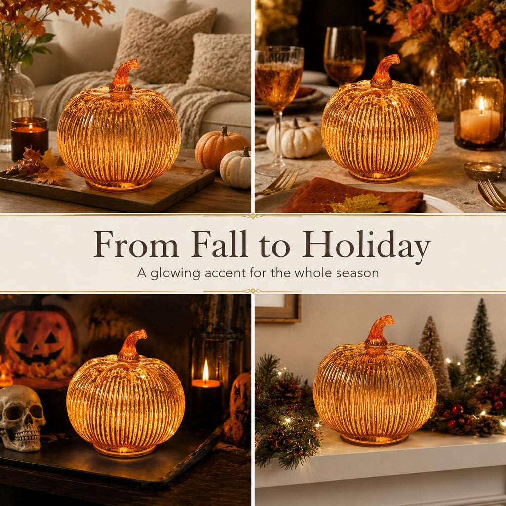 Gold Mercury Glass Pumpkin Light with 2 Lighting Modes and 6-Hour Timer, 5.5 x 6 Inch Battery Operated Fall Decor for Thanksgiving and Christmas Table Centerpiece