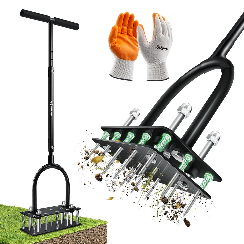 Saker Manual Lawn Aerator Tool with 15 Iron Spikes Black